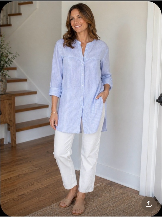 Marks & Spencer Tops - Marks & Spencer Linen Striped Longline Tunic Button Up Blue Size 12